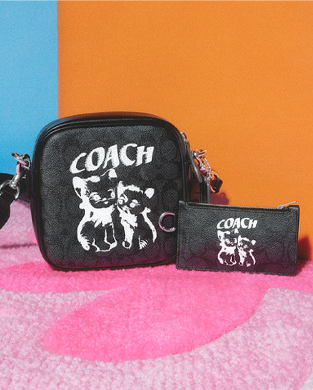 a purse and wallet with a cat on it on a pink blanket